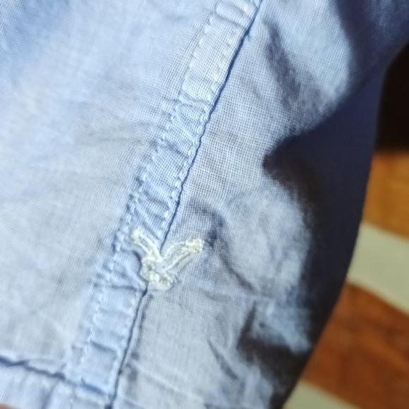 Classic ruffle button down academia white stitching boyfriend fit light blue S - Picture 7 of 8